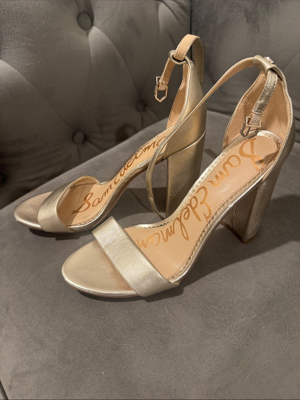 Sam Edelman Metallic Gold Block Heel Ankle-Strap Sandals